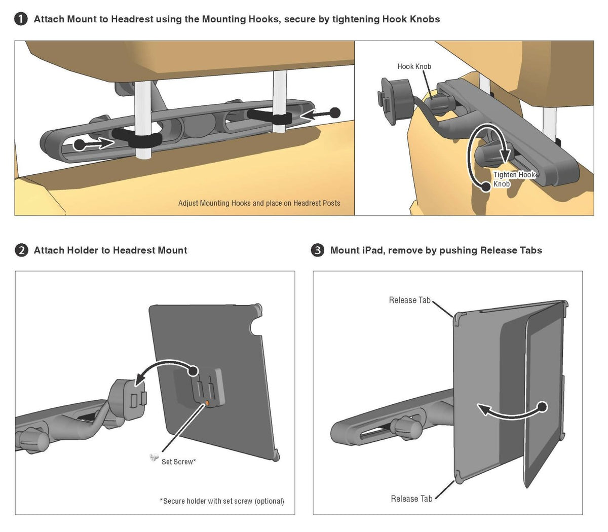 Arkon IPM3-RSHM Headrest Mount for Apple iPad 2, 3 &amp; 4, Adjustable 360' rotation, Horizontal and Vertical (sku 20710)