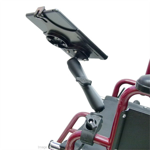 RAM Model Specific Cradle for iPad mini with Long Double Socket Arm and 1" Rubber Ball Small Tough Claw Wheelchair Mount. (sku 21466)