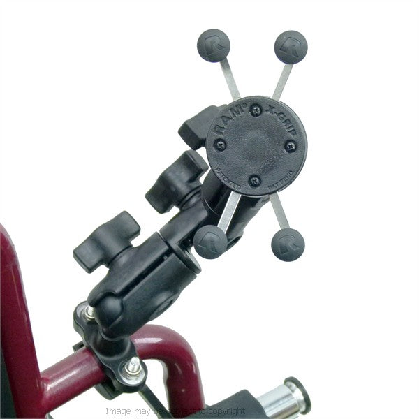 Wheelchair U-Bolt Mount with Double Socket Swivel Arm and X-Grip Universal Phone Holder (sku 21550)