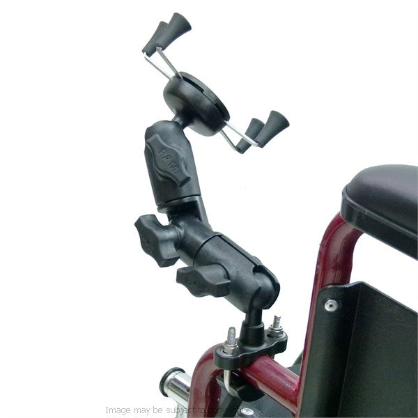 Wheelchair U-Bolt Mount with Double Socket Swivel Arm and X-Grip Universal Phone Holder (sku 21550)