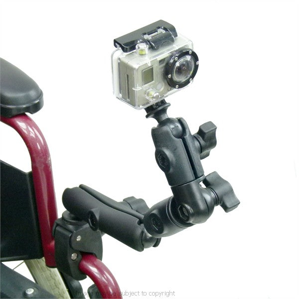 Wheelchair Rail - Tube Mount for GoPro Hero with Extension &amp; Double Socket Swivel Arm (sku 21709)