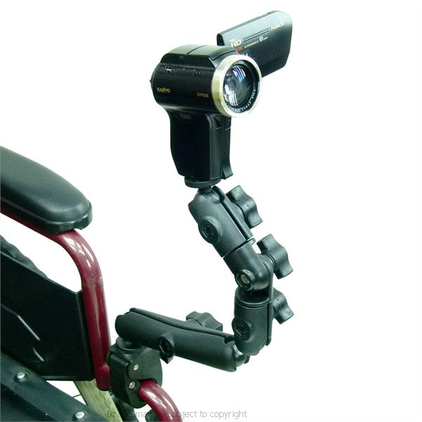 Wheelchair Rail - Tube Mount with Extension and Double Socket Swivel Arm to Camera - Camcorder Base (sku 21714)