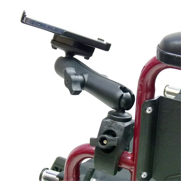 RAM Model Specific Cradle for iPhone 5 with Long Double Socket Arm and 1" Rubber Ball Small Tough Claw Wheelchair Mount (sku 21728)