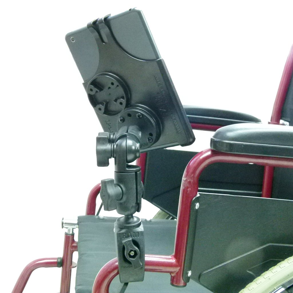 Wheelchair Rail &amp; Tube Mount with Double Swivel Arm &amp; Model Specific iPad Mini 2019 Cradle (sku 50609) - BuyBits Ltd UK
