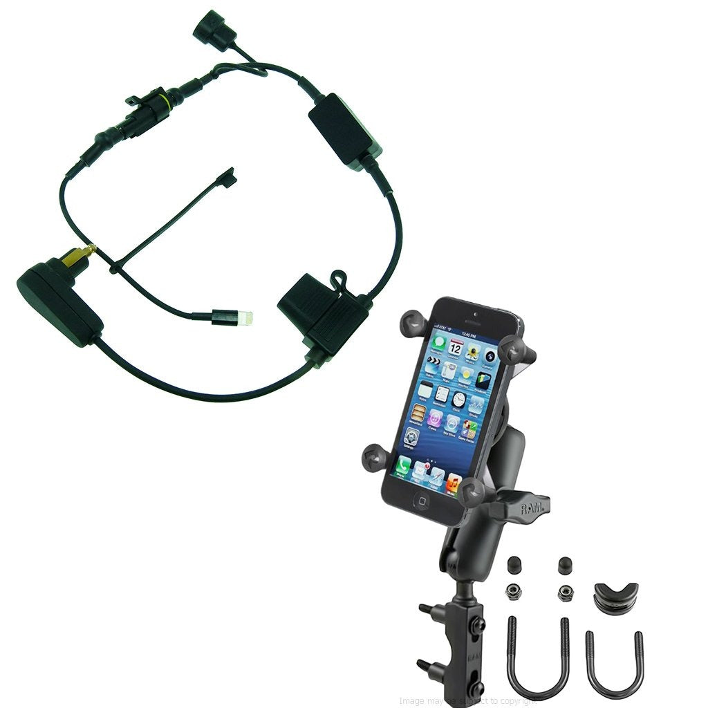 High Power Hella - DIN Powered Mount for iPhone SE 2 (2020) with Brake-Clutch Reservoir U-Bolt Mount (sku 53649) - BuyBits Ltd UK