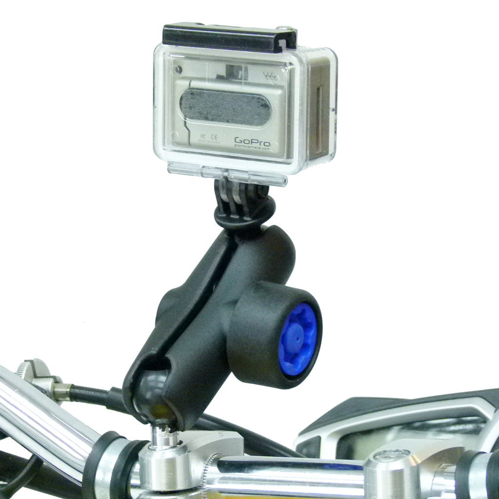 Motorcycle Handlebar Clamp 1inch Ball Mount with M8 Screws and Standard Double Socket Security Pin-Lock Arm for GoPro Hero Camera (sku 30639)