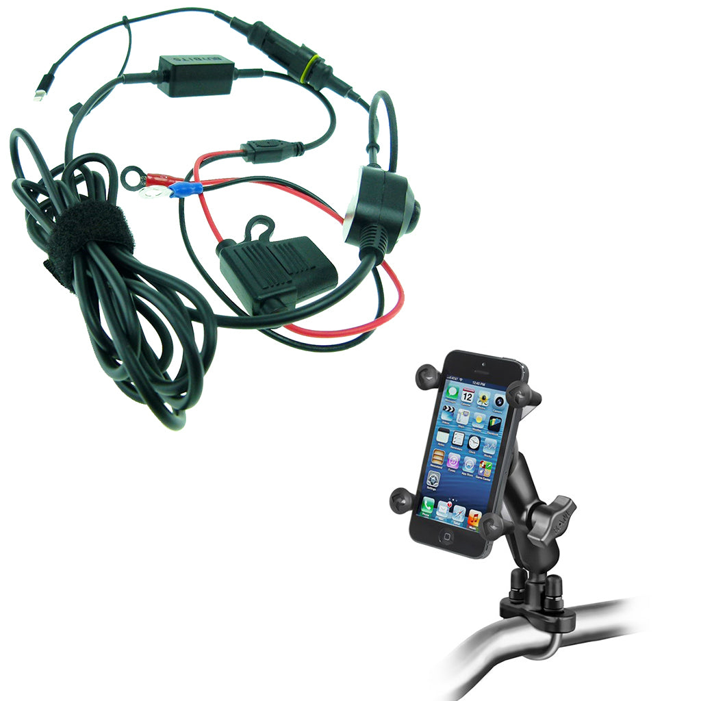 High Power Hardwire Powered Mount for iPhone 7 Plus 5.5 with Double Socket Arm &amp; U-Bolt Handlebar Mount (sku 36243)