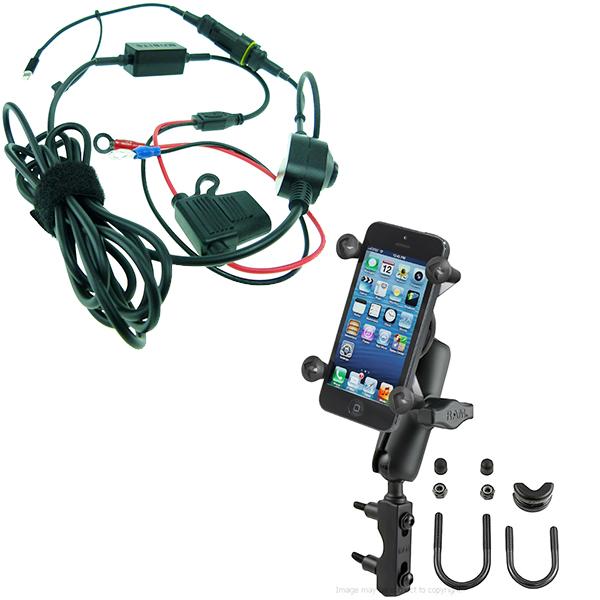 High Power Hardwire &amp; iPhone 11 Holder with Double Socket Arm and Brake - Clutch Reservoir U-Bolt Mount (sku 49103) - BuyBits Ltd UK