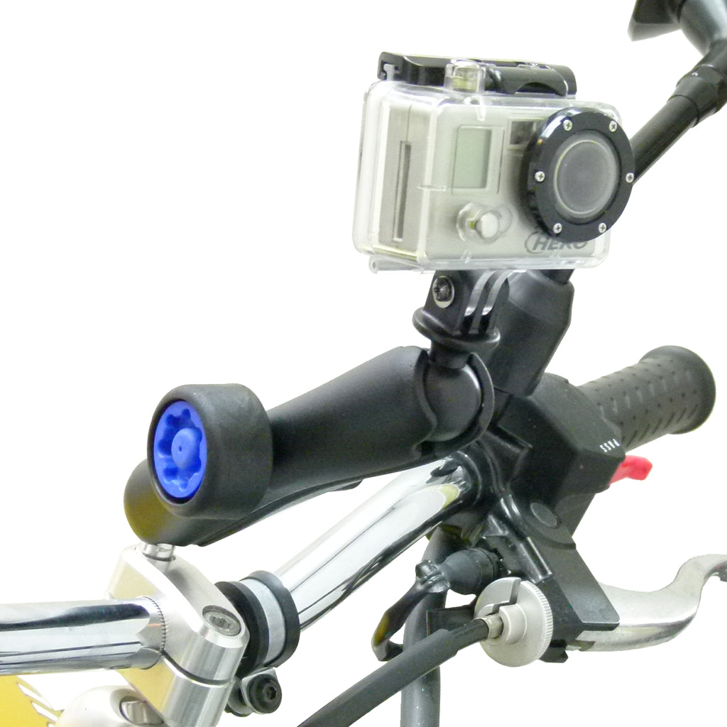 Motorcycle Handlebar Clamp 1inch Ball Mount with M8 Screws and Long Double Socket Security Pin-Lock Arm for GoPro Hero Camera (sku 30640)