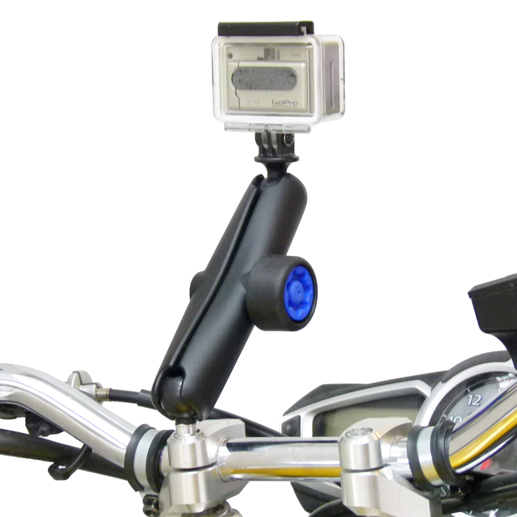 Motorcycle Handlebar Clamp 1inch Ball Mount with M8 Screws and Long Double Socket Security Pin-Lock Arm for GoPro Hero Camera (sku 30640)