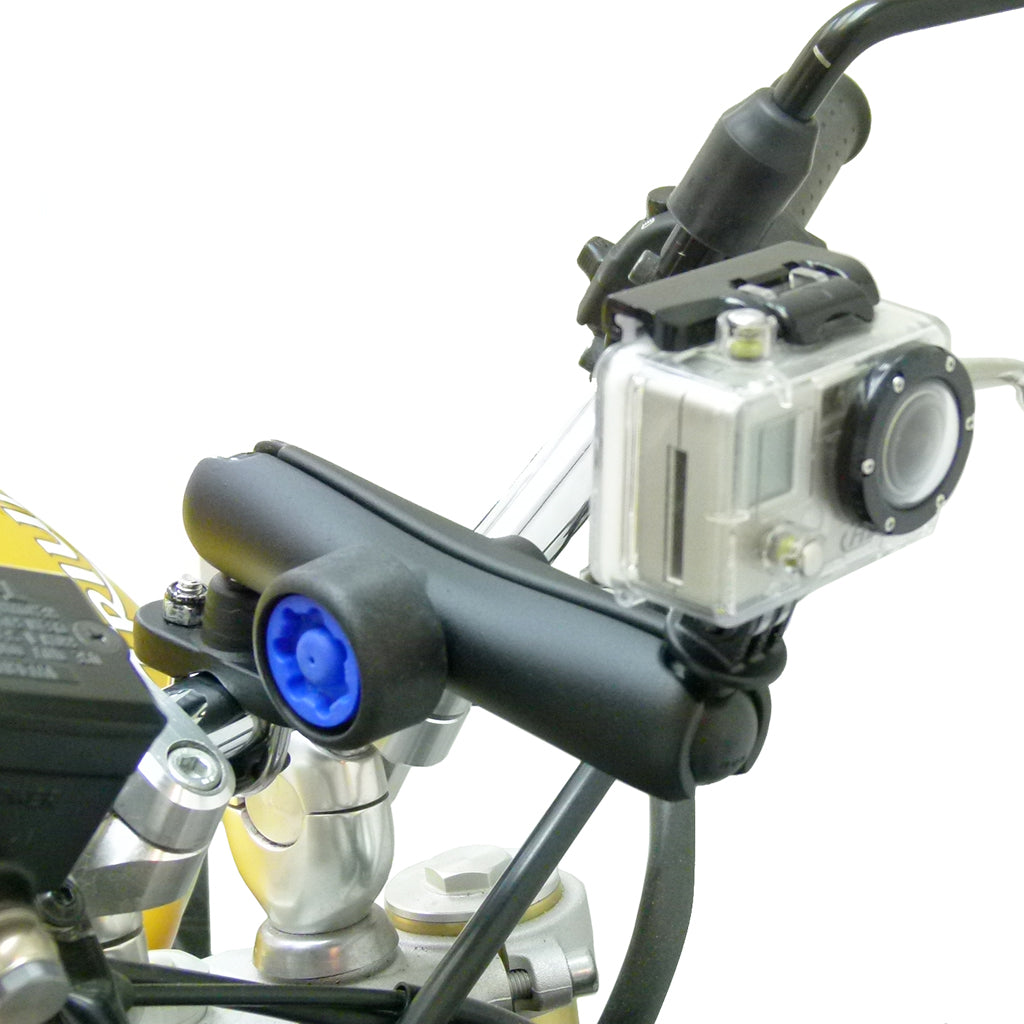 Handlebar U-Bolt 1inch Ball Mount with Security Pin-Lock Long Double Arm and Custom GoPro Hero Adapter. (sku 30642)