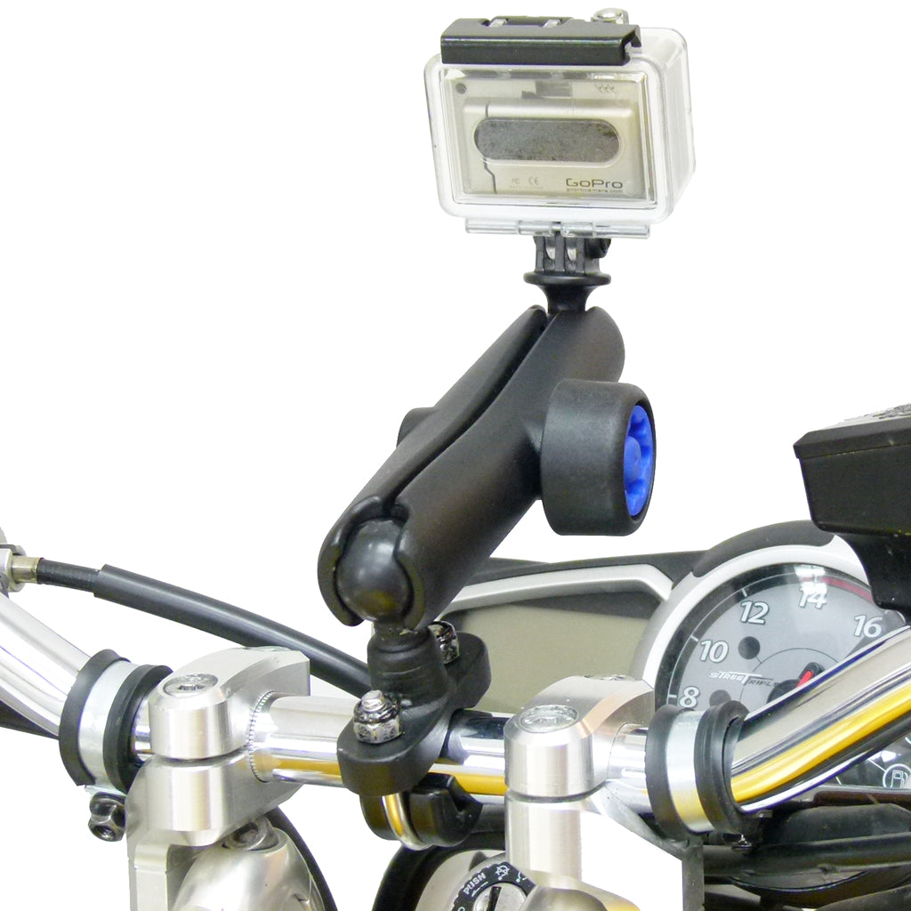 Handlebar U-Bolt 1inch Ball Mount with Security Pin-Lock Long Double Arm and Custom GoPro Hero Adapter. (sku 30642)