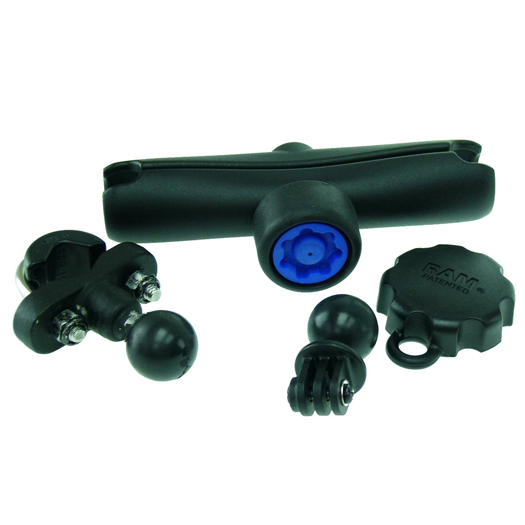 Handlebar U-Bolt 1inch Ball Mount with Security Pin-Lock Long Double Arm and Custom GoPro Hero Adapter. (sku 30642)