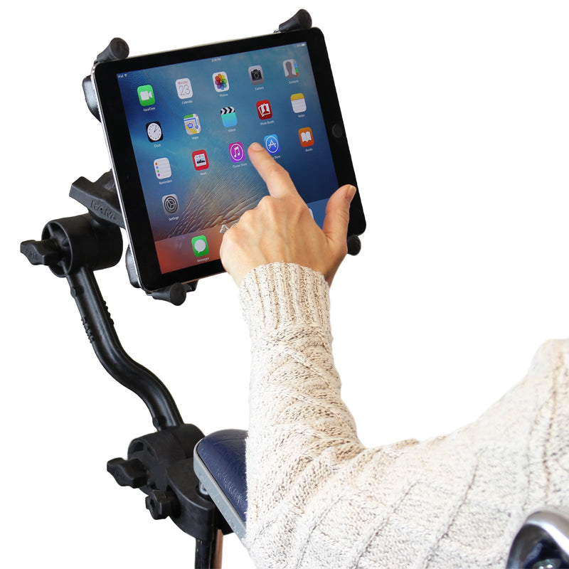 Heavy-Duty Clamp Wheelchair Mount with Spring Loaded Cradle for 9" to 10.5" Tablets (sku 57078)