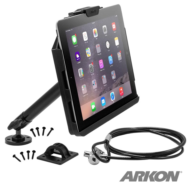 Custom Fit iPad 4, 3, 2 Holder with Cable Lock and Heavy-Duty Drill-Base Mount with 10" Arm (sku 34953)