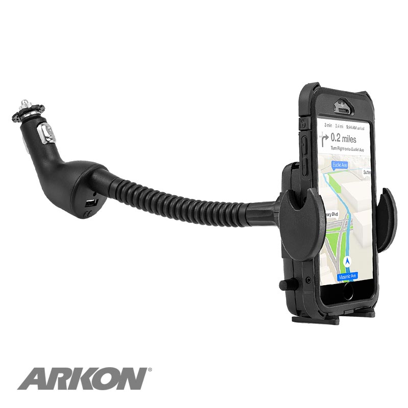 Arkon SM495 Mega Grip Lighter Socket Phone Car Holder Mount with USB Charger for iPhone X, 8, 7, 6S Plus, 8, 7, (sku 41141)