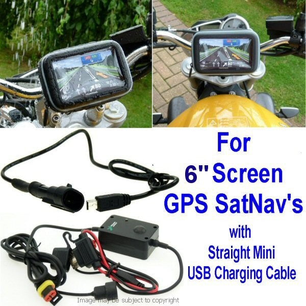 6inch SatNav GPS Powered Motorcycle Mount - Straight Mini USB (SKU 14145)