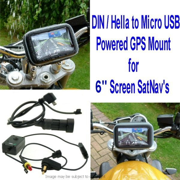 6inch SatNav GPS DIN - Hella Powered Motorcycle Mount - Angled Micro USB (SKU 14149)