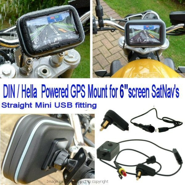 6inch SatNav GPS DIN - Hella Powered Motorcycle Mount - Straight Mini USB (SKU 14151)