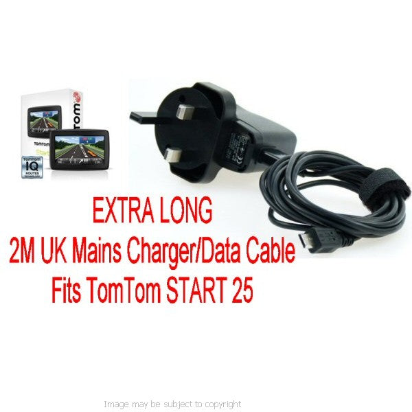EXTRA LONG 2m UK 3 pin Mains Power Charger &amp; Sync Cable for the TomTom START 25 (sku 11065)