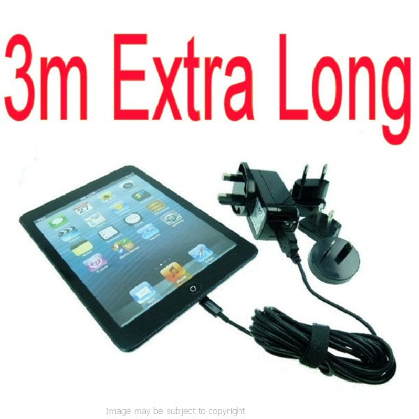 Extra Long iPad MINI 3m Charger UK USA EU &amp; AU (sku 16301)