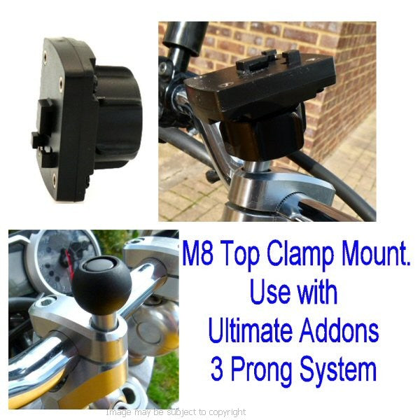 Motorcycle Handlebar Top Clamp M8 Mount &amp; Ultimate Addons 3 Prong Adaptor (sku 11086)