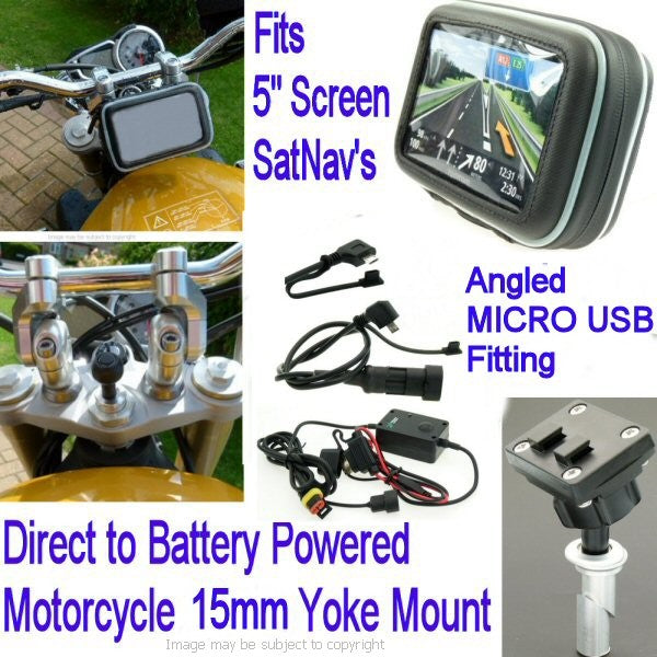 5inch GPS SatNav Motorcycle Angled MICRO USB Powered 15mm Yoke Mount (sku 14060)