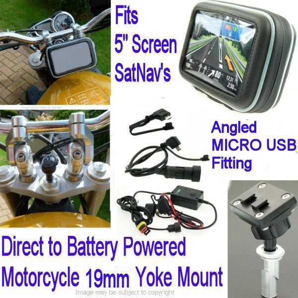 5inch GPS SatNav Motorcycle Angled MICRO USB Powered 19mm Yoke Mount (sku 14061)