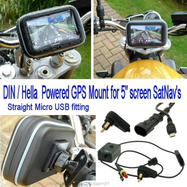 5inch SatNav GPS DIN - Hella Powered Motorcycle Mount - Straight Micro USB (SKU 14039)