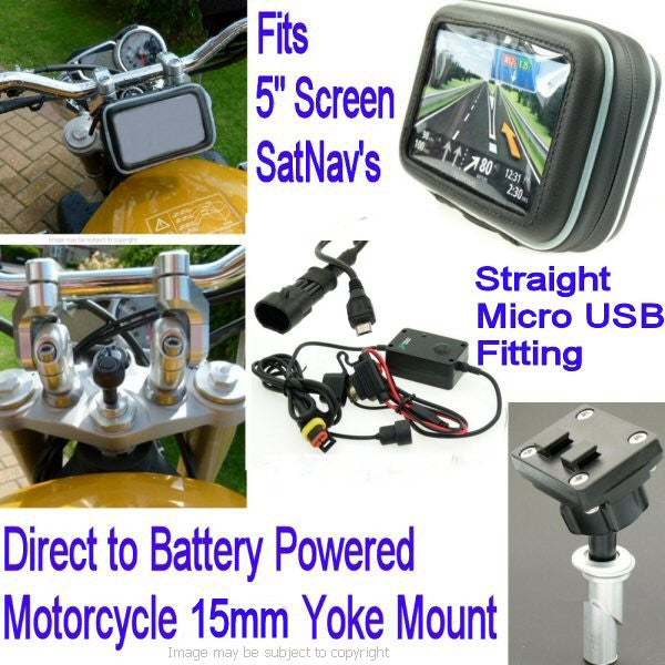5inch GPS SatNav Motorcycle Straight MICRO USB Powered 15mm Yoke Mount (sku 14057)