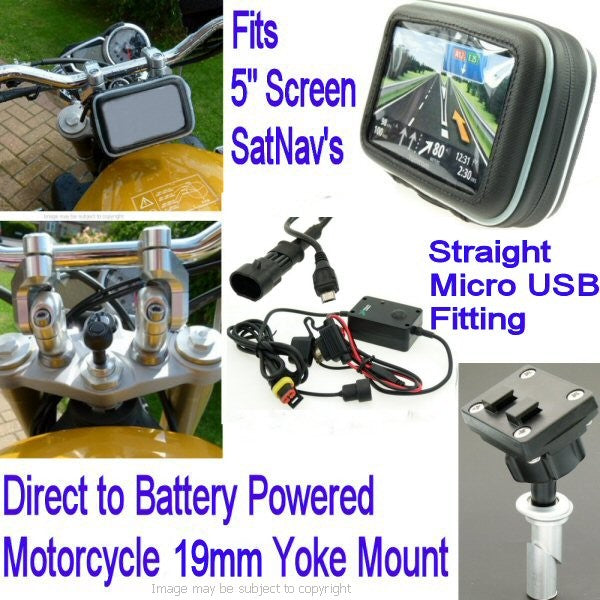 5inch GPS SatNav Motorcycle Straight MICRO USB Powered 19mm Yoke Mount (sku 14058)