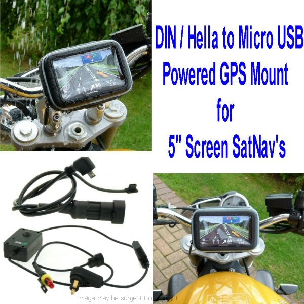 5inch SatNav GPS DIN - Hella Powered Motorcycle Mount - Angled Micro USB (SKU 14038)