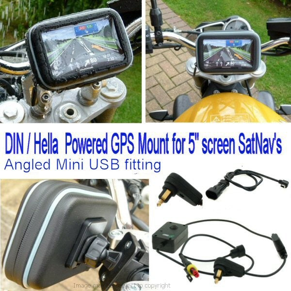 5inch SatNav GPS DIN - Hella Powered Motorcycle Mount - Angled Mini USB (SKU 14041)