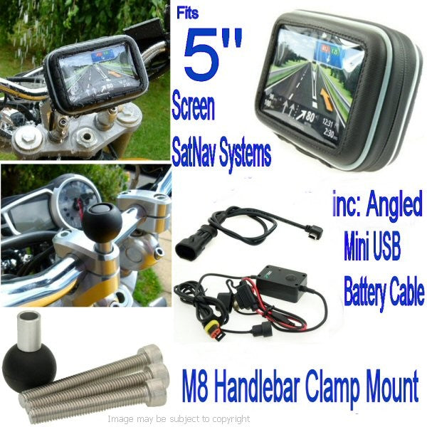 5inch SatNav Motorcycle M8 Powered Handlebar Mount - angled mini USB (sku 14064)