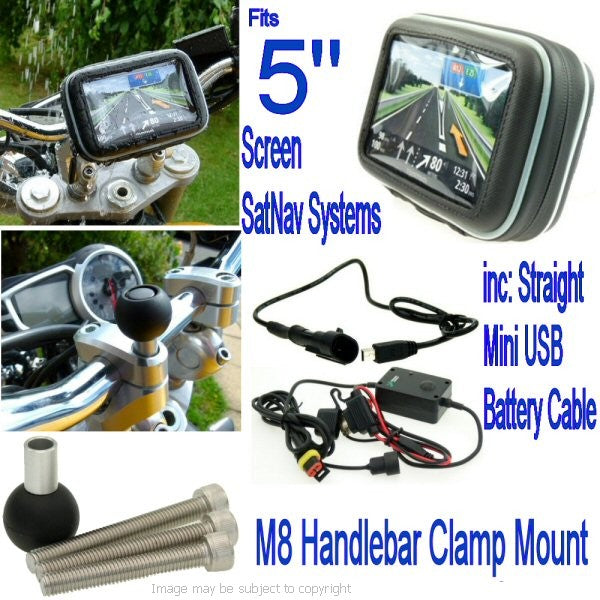 5inch SatNav Motorcycle M8 Powered Handlebar Mount - straight mini USB (sku 14063)