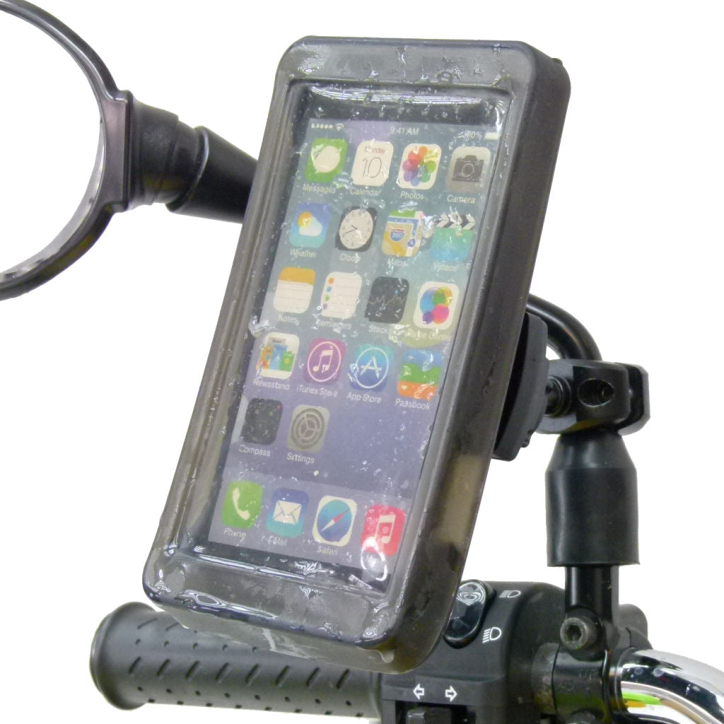 Phone Holder Scooter Moped Bike Mirror Mount with Rain Cover for Large Smartphones (sku 34390)