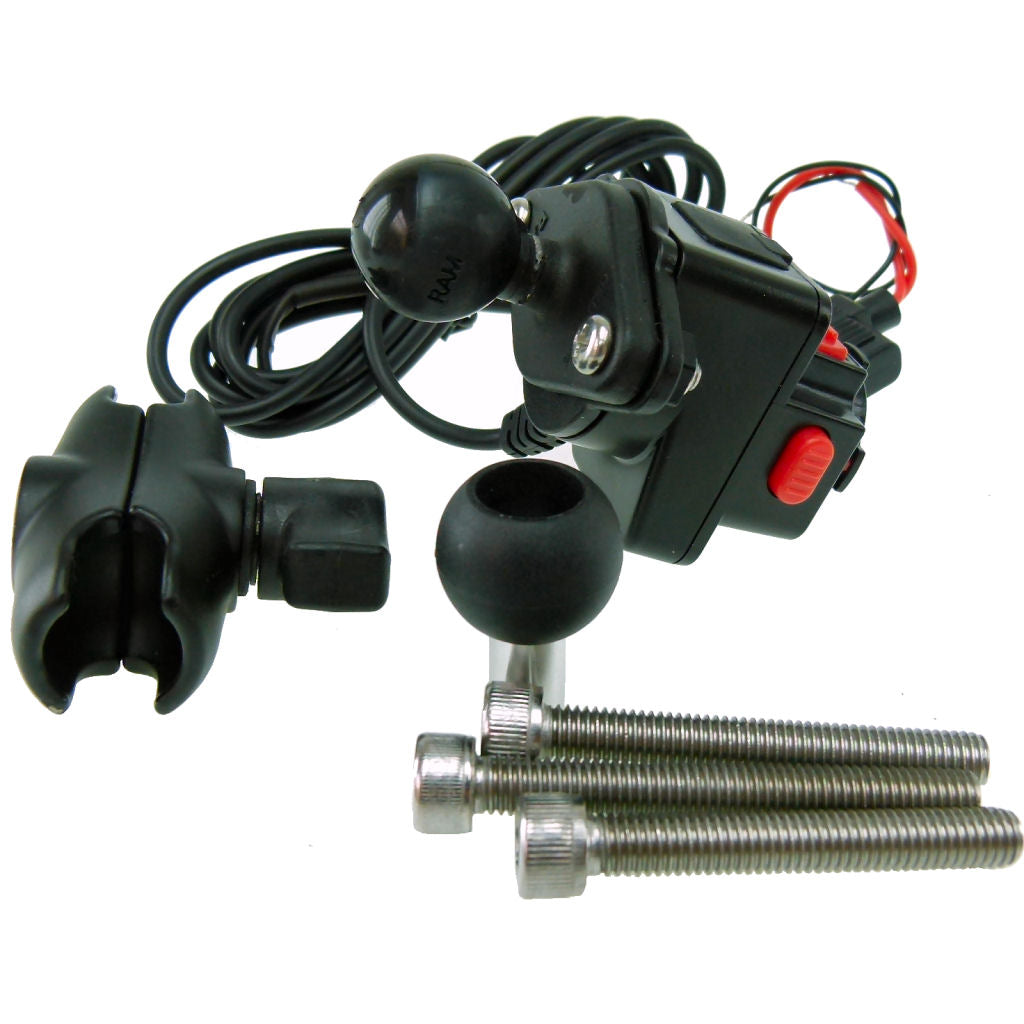 Extended Hardwire Powered Motorcycle M8 Handlebar Clamp Mount fits TiGRA MountCase (sku 34673)
