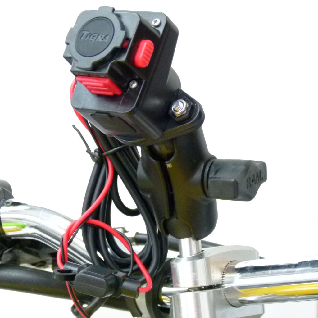 Extended Hardwire Powered Motorcycle M8 Handlebar Clamp Mount fits TiGRA MountCase (sku 34673)