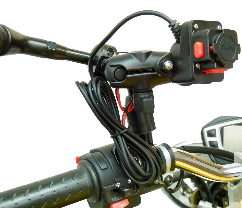 Extended Hardwire Powered Motorcycle Moped Scooter Mirror Mount fits TiGRA MountCase (sku 34687)