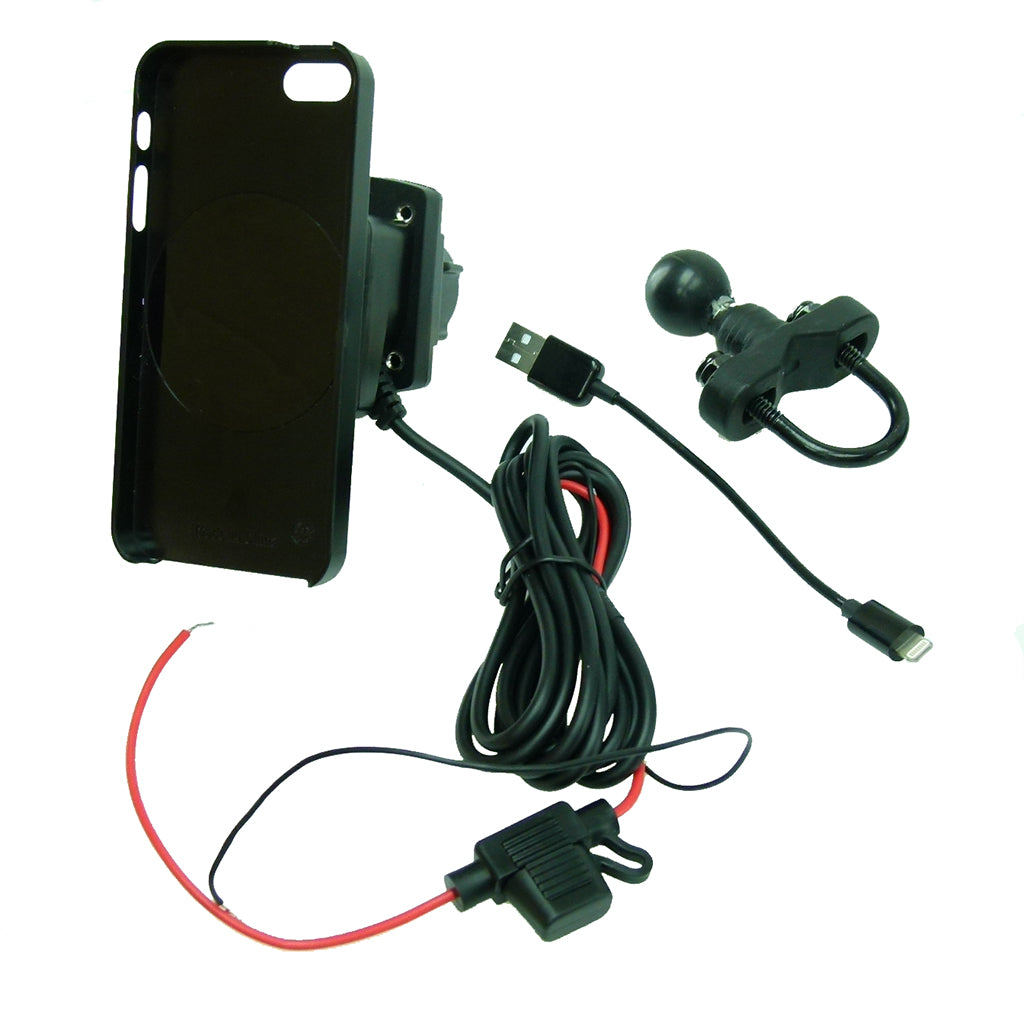 Motorcycle Handlebar U-Bolt Mount TiGRA MountCase for iPhone SE 1st edition Hardwire-Direct to battery charger (sku 41333)