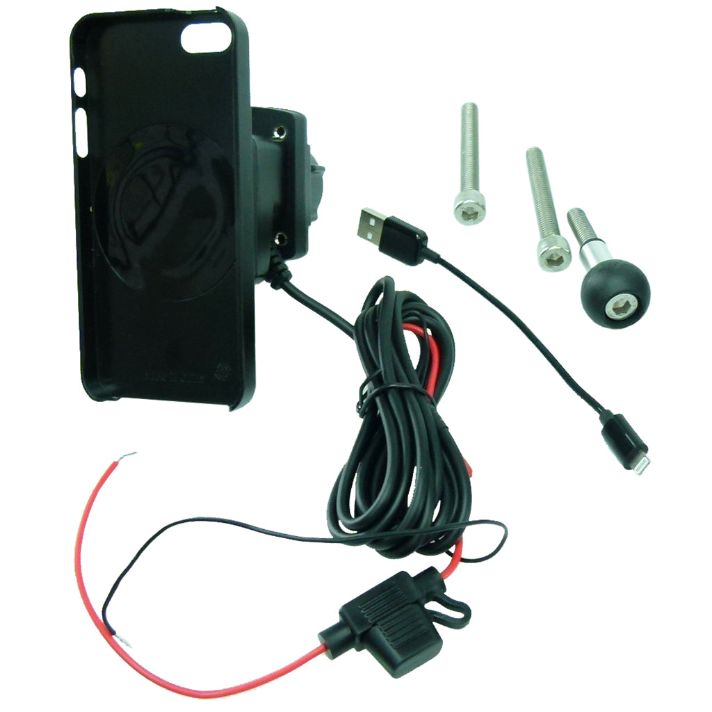 Motorcycle Handlebar Top Clamp M8 Mount TiGRA MountCase for iPhone SE Hardwire-Direct to battery charger (sku 41332)