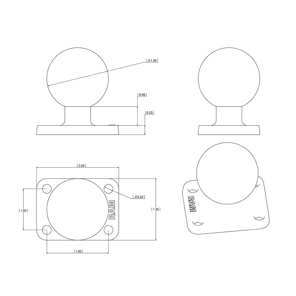 RAM Ball Base with 1" x 1.5" 4-Hole Pattern (RAM-202U-152) (sku 55074) - BuyBits Ltd UK