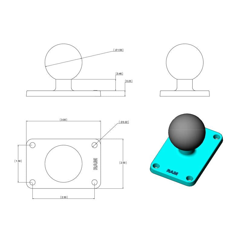 RAM Rectangular Ball Base with 1.5" x 2.5" 4-Hole Pattern (RAM-202U-23) (sku 55072) - BuyBits Ltd UK