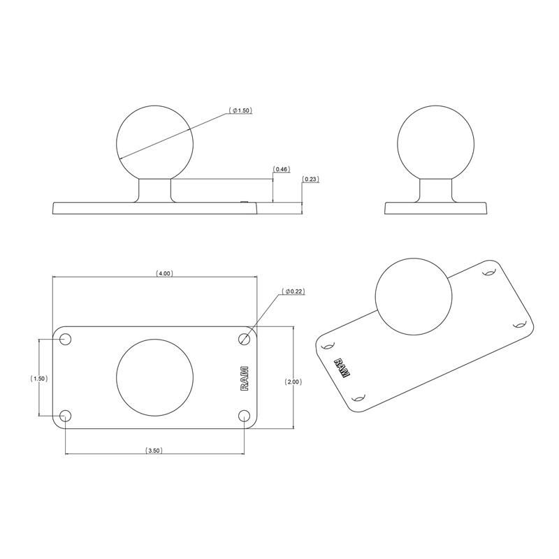 RAM Ball Base with 1.5" x 3.5" 4-Hole Pattern (RAM-347U) (sku 55047) - BuyBits Ltd UK