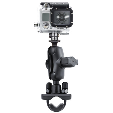 Handlebar U-Bolt 1inch Ball Mount with Short Double Arm and Custom GoPro Hero Adapter. (sku 30641)