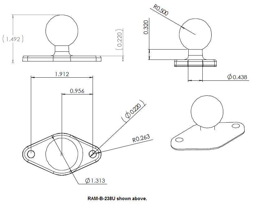 RAM 2 7-16inch X 1 5-16inch DIAMOND BASE WITH BALL RAM-B-238 (SKU 3569)