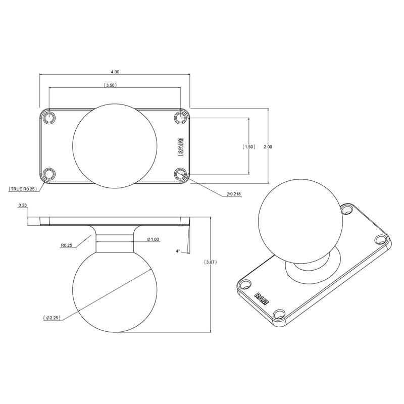 RAM Ball Base with 1.5" x 3.5" 4-Hole Pattern (RAM-D-202U-24) (sku 55146) - BuyBits Ltd UK