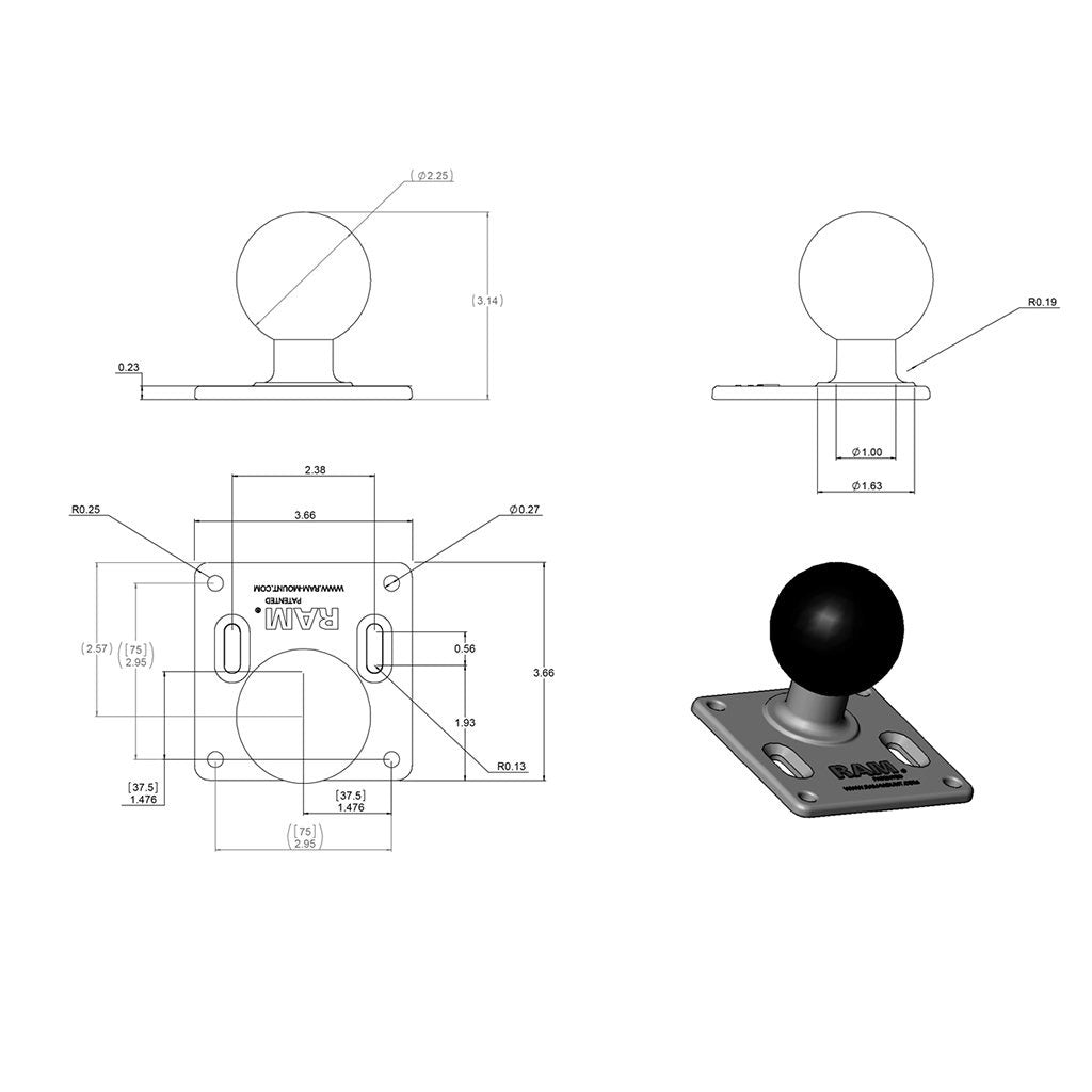 RAM 75x75mm VESA Plate with Ball (RAM-D-2461U) (sku 55138) - BuyBits Ltd UK