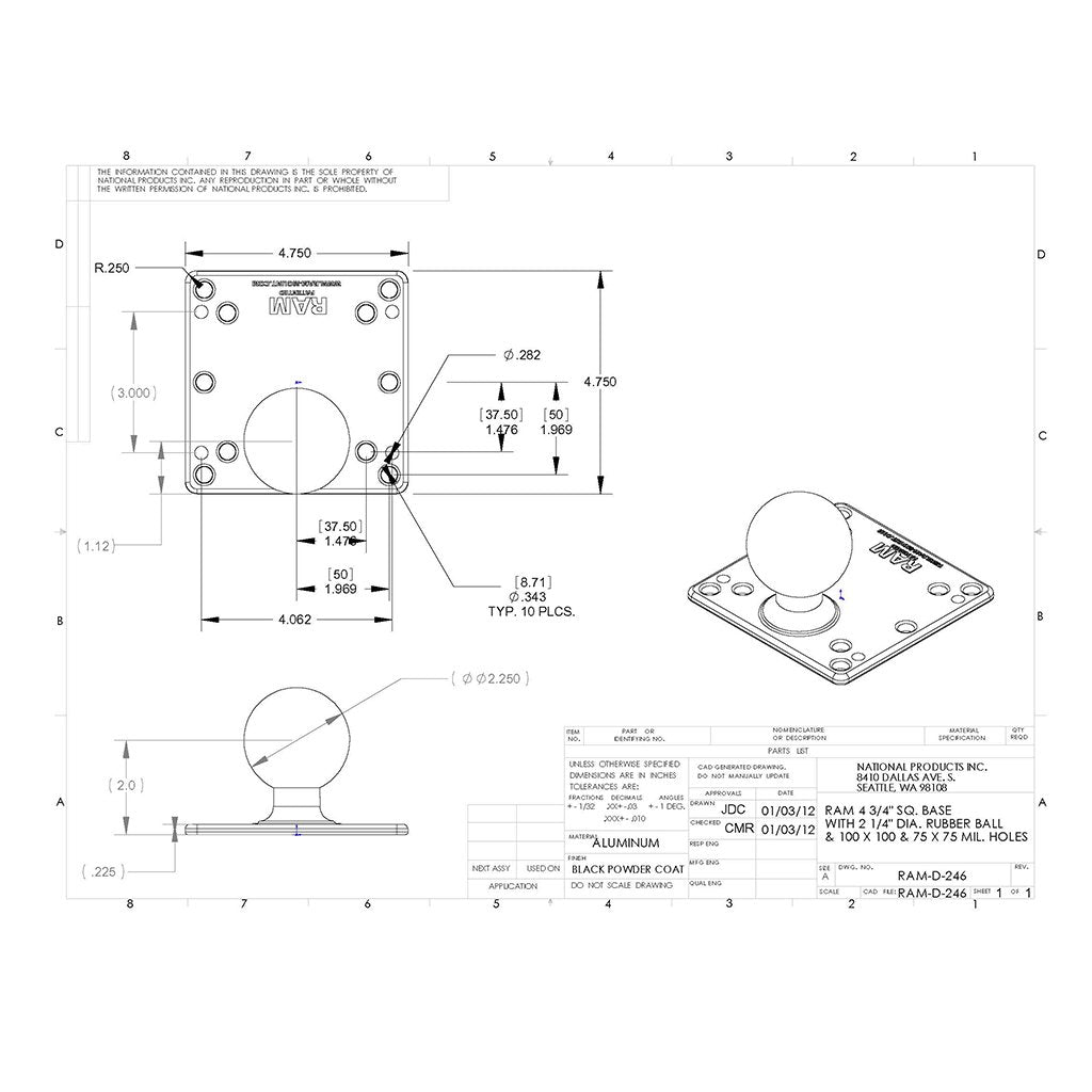 RAM 100x100mm VESA Plate with Ball (RAM-D-246U) (sku 55140) - BuyBits Ltd UK