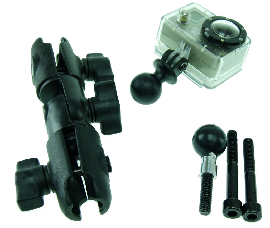 Motorcycle Handlebar Clamp 1inch Ball Mount with M8 Screws and Double Socket Swivel Arm for GoPro Hero Camera (sku 30636)